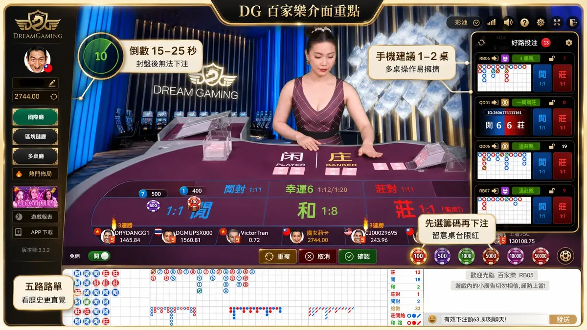 DG真人百家樂桌台介面實際畫面：倒數計時、免佣切換、好路投注與五路路單一屏到位，右側可直接盯多桌牌路