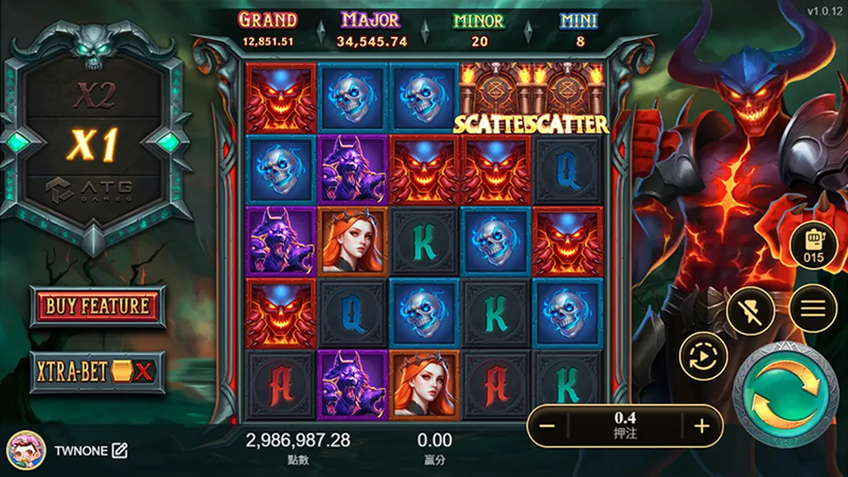 古神巴風特實際盤面:左側 X1 倍數框與 BUY FEATURE 購買免遊選項,盤上同時落下兩顆 SCATTER