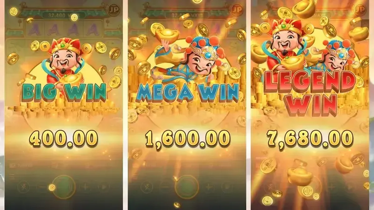 聚寶財神爆分獎項三連畫面：Big Win 400、Mega Win 1,600 一路升到 Legend Win 7,680 的三段獎勵展示