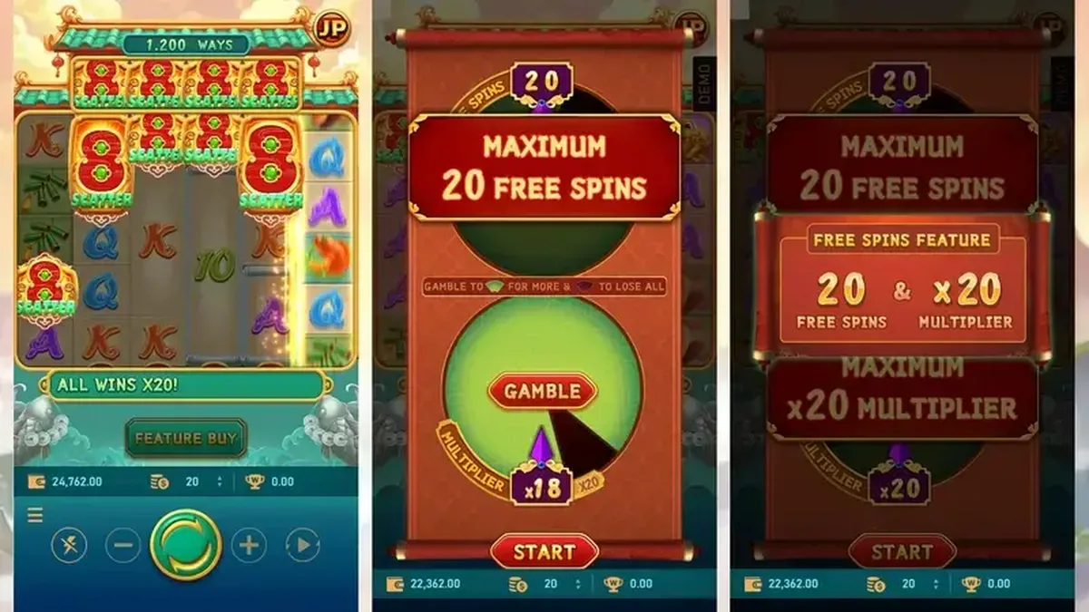 聚寶財神免遊特色畫面：中間為 Gamble 轉盤，右側標示最高 20 場免費遊戲搭 x20 倍數