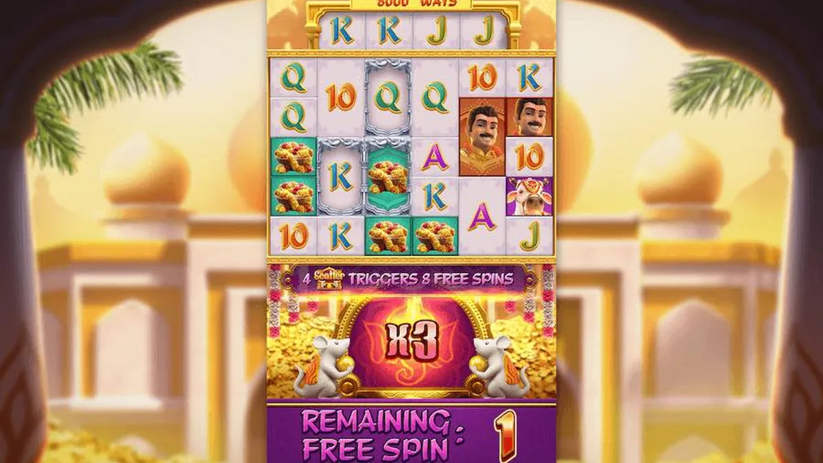 福運象財神免遊畫面:全盤 x3 倍數徽章亮起、剩最後 1 場,金框符號堆滿盤面