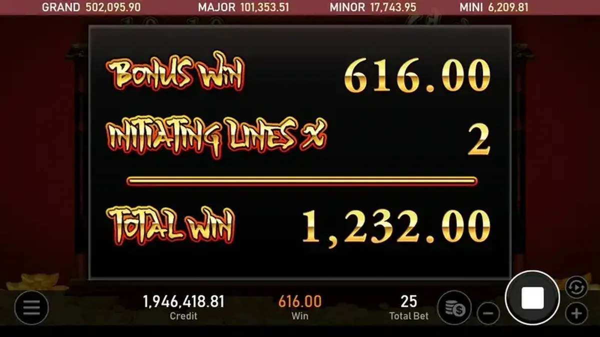 金雞報喜免遊結算畫面：Bonus Win 616 搭 2 條起始中獎線，Total Win 1,232