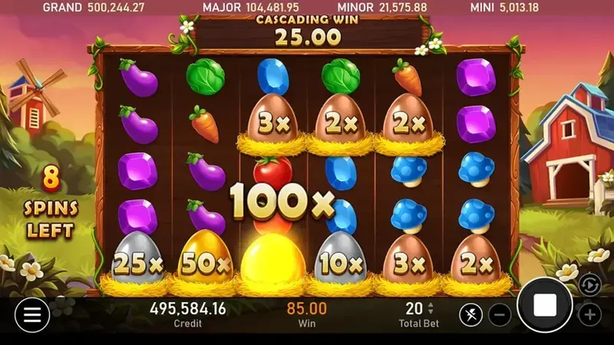 開心農場免遊剩 8 場：盤面開出 100x 大倍數蛋，下排 25x／50x／10x 倍數蛋排隊等開