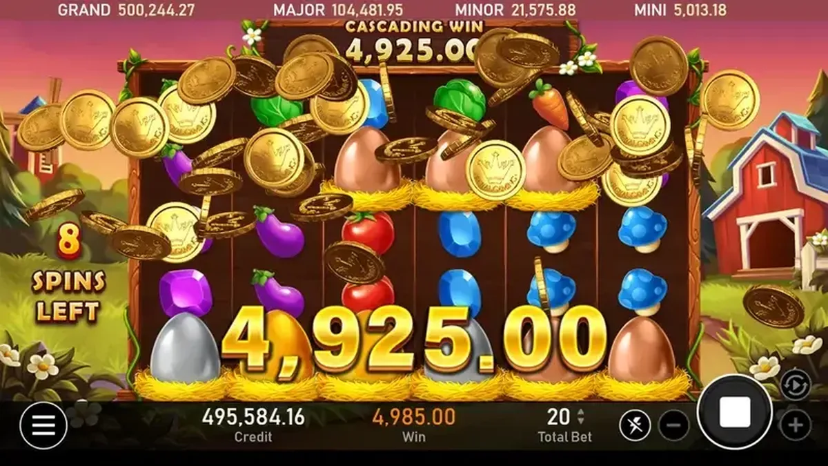 開心農場爆分畫面：金幣噴滿盤面，連消累積贏分 4,925