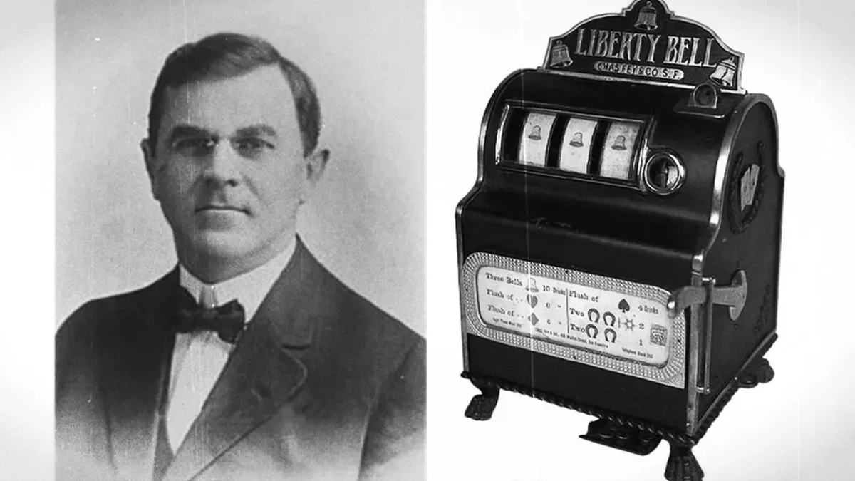 老虎機之父Charles Fey與他1890年代在舊金山打造的「自由鐘」（Liberty Bell）三轉輪機台歷史照（圖：Wikimedia Commons，CC BY-SA 4.0）