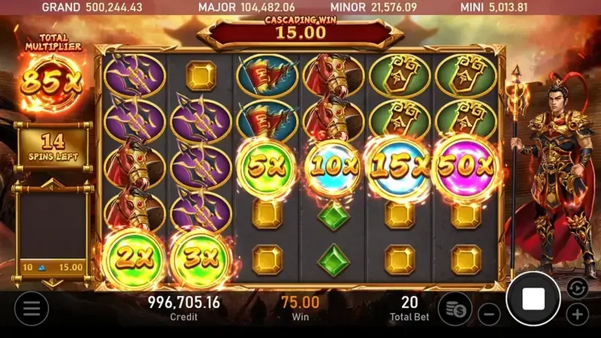戰神呂布免遊畫面:總倍數疊到 85x、剩 14 場,盤面同時亮出 5x~50x 四色晶球