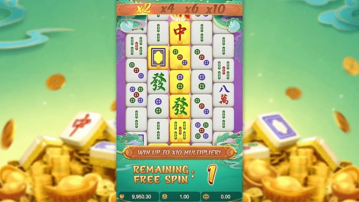 麻將胡了2免遊畫面:倍率階梯升到 x2/x4/x6/x10,金牌符號在盤、剩 1 場免費旋轉
