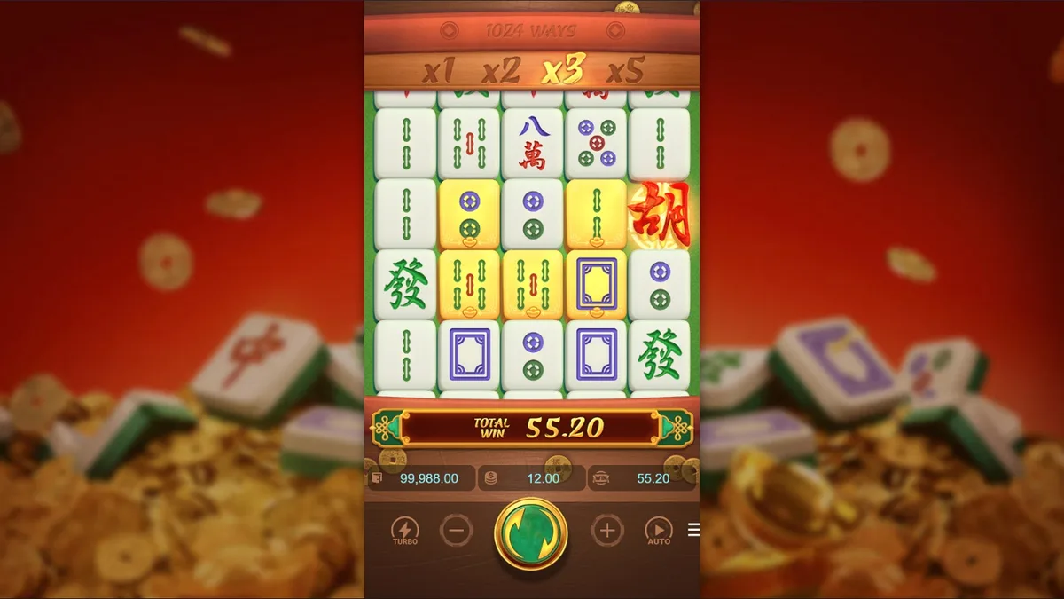 麻將胡了實際盤面:上方 x1~x5 倍率列亮起,胡牌連消後 Total Win 55.20