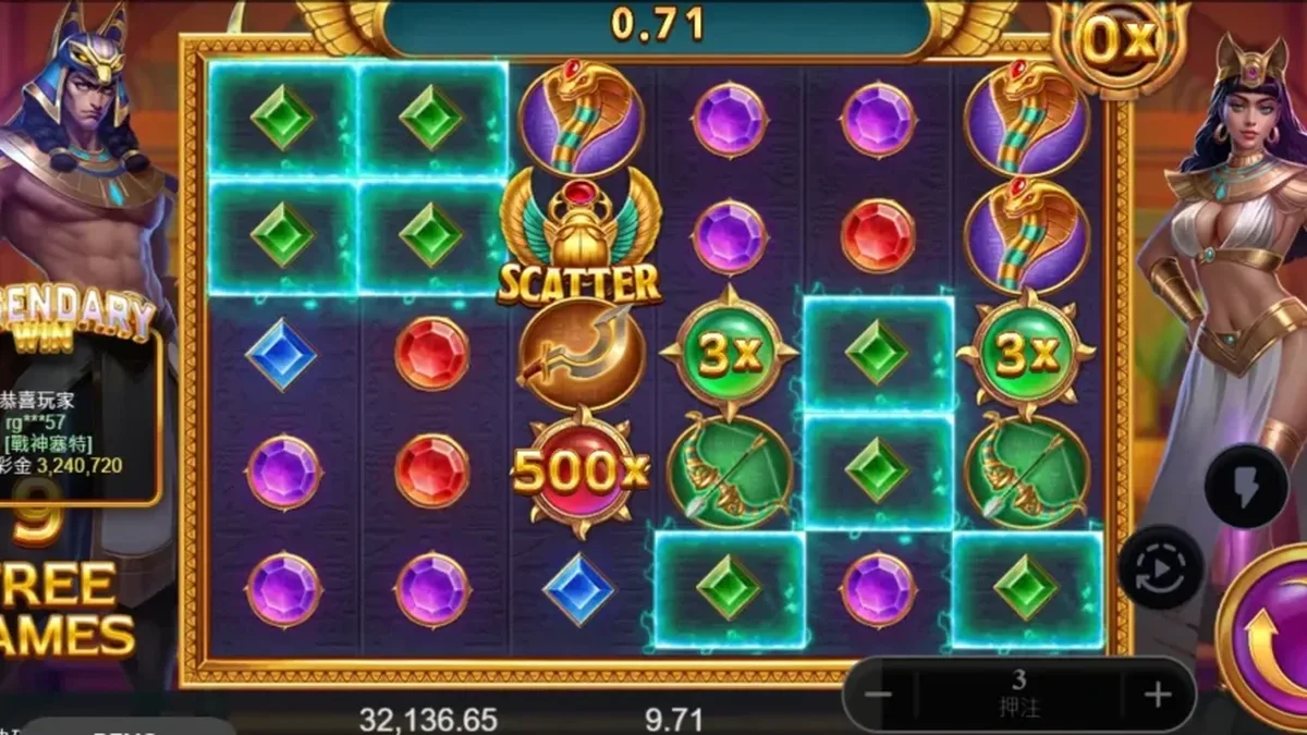 戰神賽特實際盤面:聖甲蟲 SCATTER 現身、500x 倍數球掛盤,綠寶石符號消除中