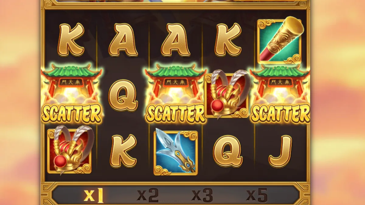 孫行者實際盤面:三顆廟宇 SCATTER 同時落下,底部 X1~X5 倍率條待觸發