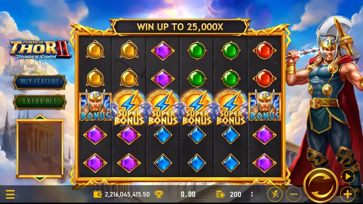 雷神2基本盤面：BONUS 與 SUPER BONUS 符號列隊，上方標示最高可贏 25,000X