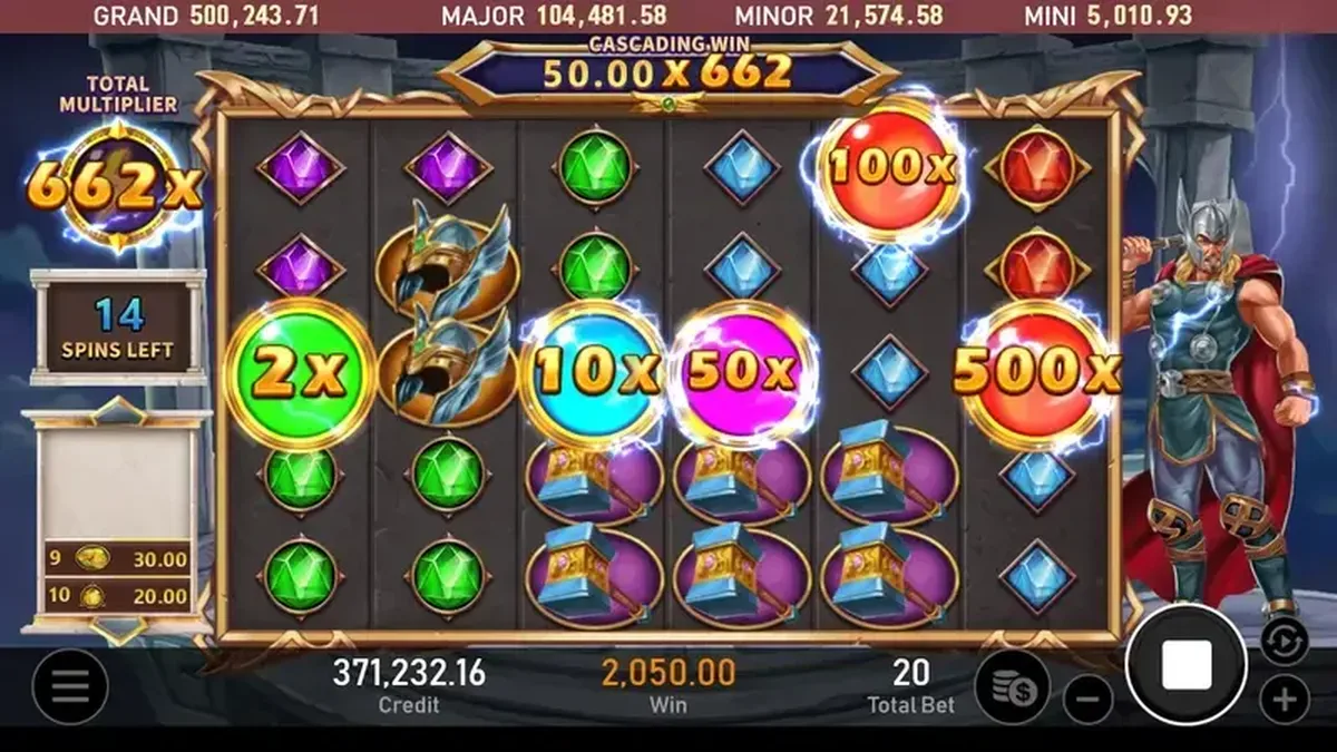 雷神之鎚免遊倍數球盤面:2x~500x 倍數球同場,總倍數加總到 662x、剩 14 場