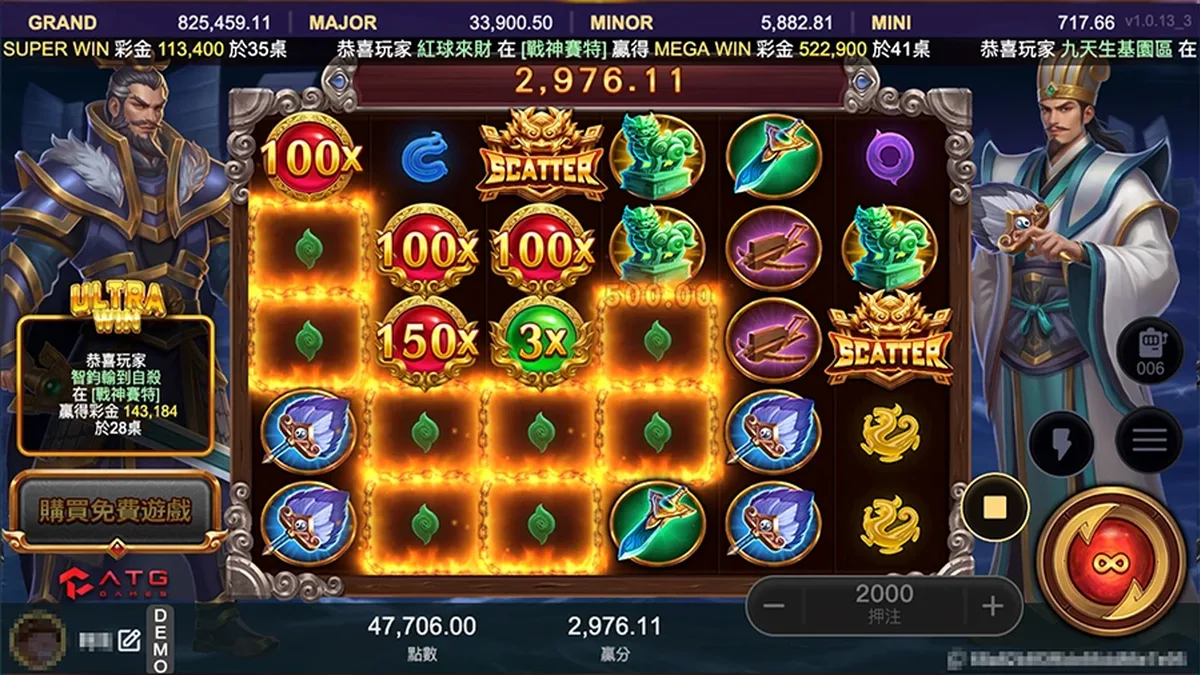 赤三國爆分盤面:100x、150x 倍數球連環引爆,單輪贏分 2,976.11