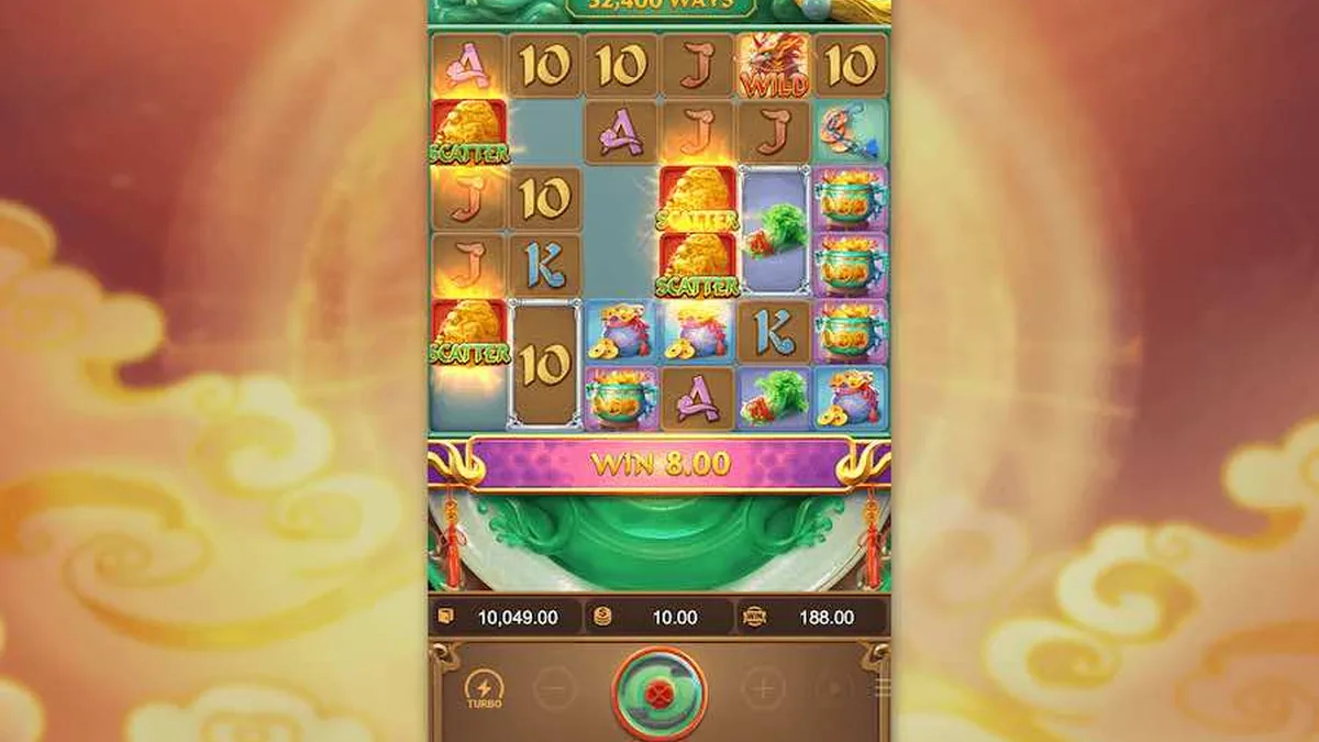 麒麟送寶免遊特色畫面:金框符號鋪滿盤面,連消後贏分累到 8.00